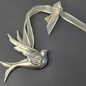 Seasons By Cannon Falls Silver Bird Ornament with Silky White Ribbon